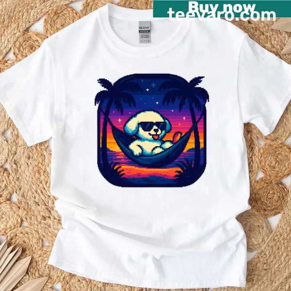 Oversized T-shirt with cute pixel Bichon dog in hammock design