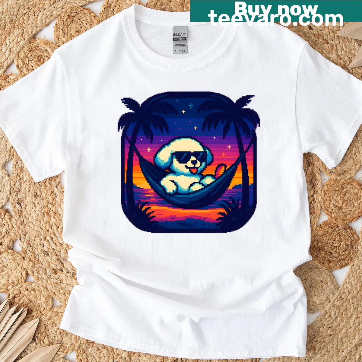 Oversized T-shirt with cute pixel Bichon dog in hammock design — on a men's t-shirt