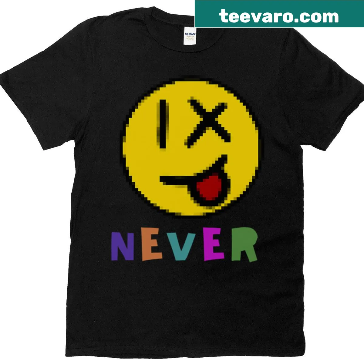 Pixelated happy face design on t-shirt — on a men's t-shirt