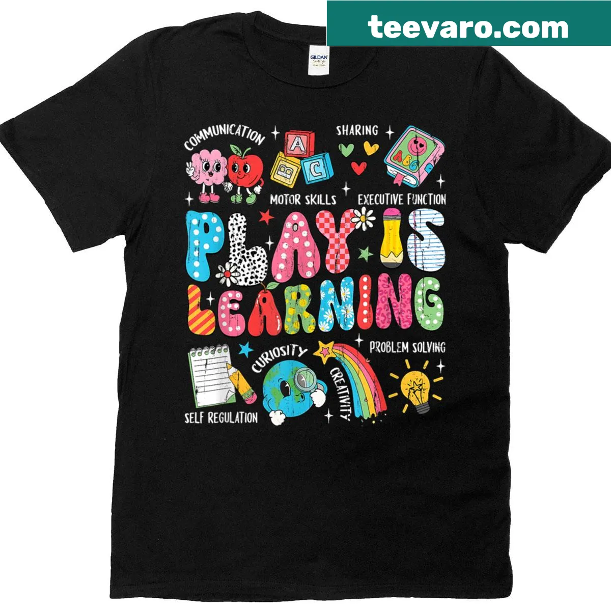 Teacher shirt with 'Play Is Learning' text design — on a men's t-shirt