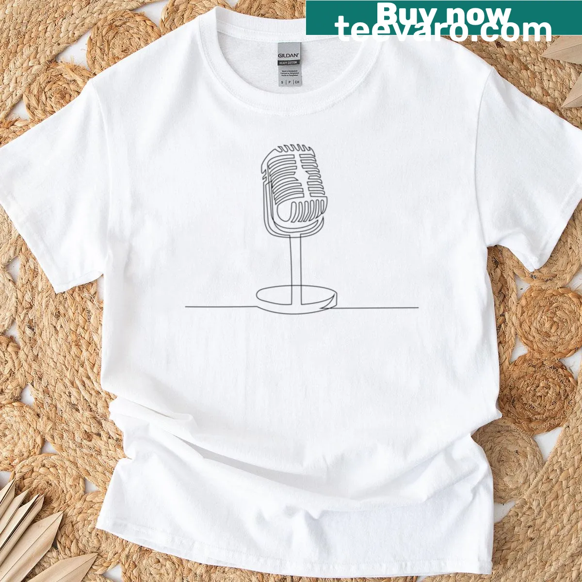 Minimalist line art microphone design for podcast lovers — on a men's t-shirt
