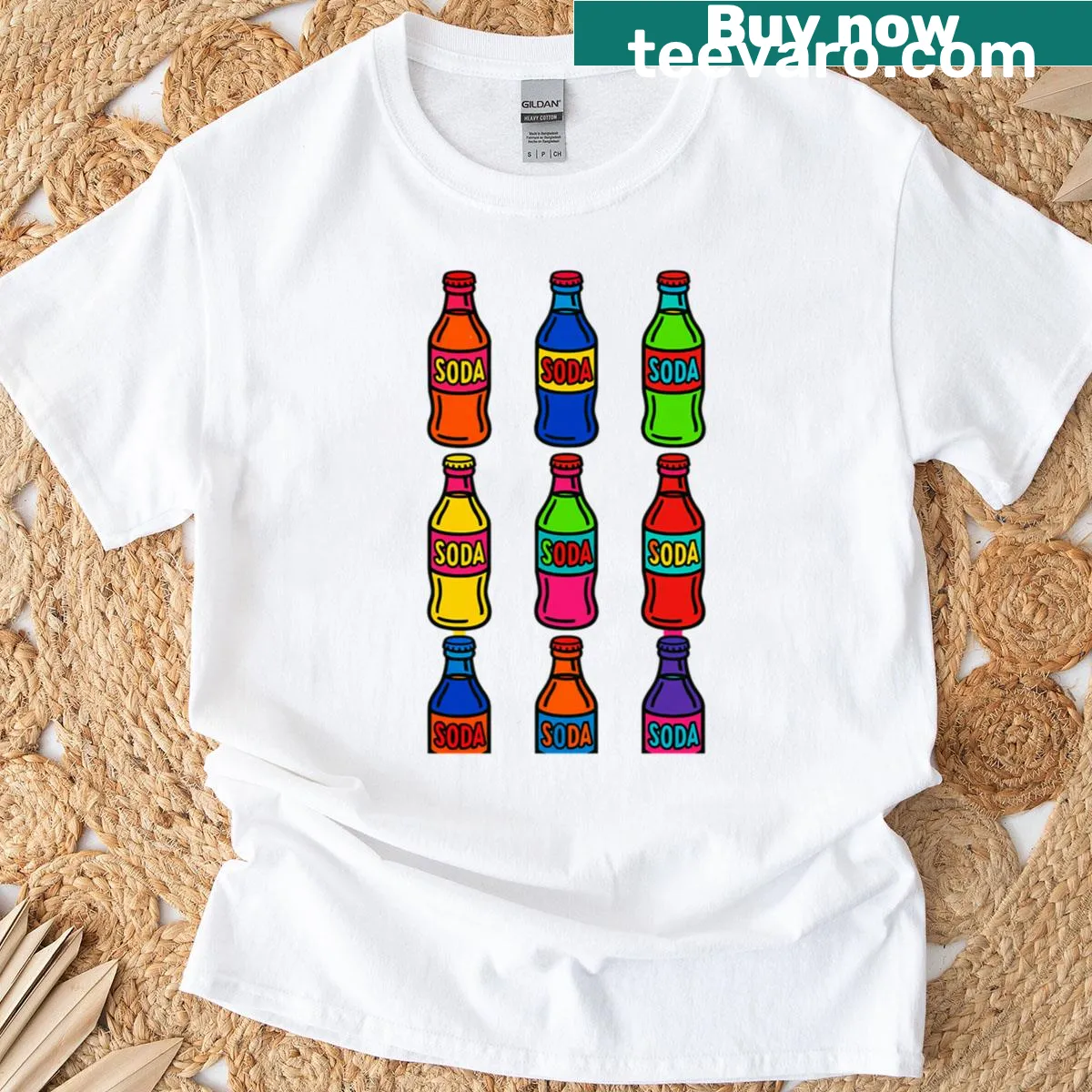 Pop art T-shirt featuring colorful geometric soda bottle illustrations — on a men's t-shirt