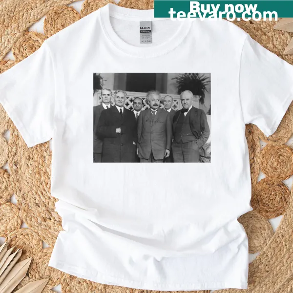 Restored portrait of Albert Einstein and other physicists on a T-shirt