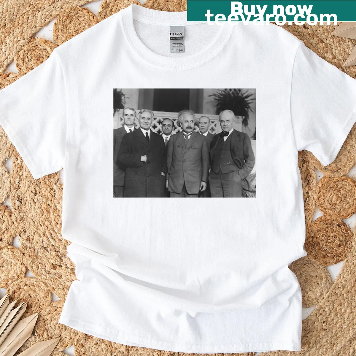 Restored portrait of Albert Einstein and other physicists on a T-shirt — on a men's t-shirt