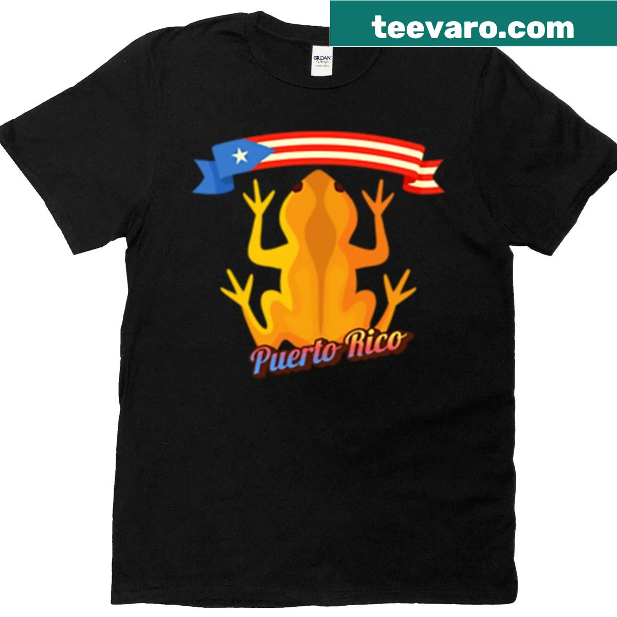 Coqui frog with the Puerto Rican flag illustration on a t-shirt. — on a men's t-shirt