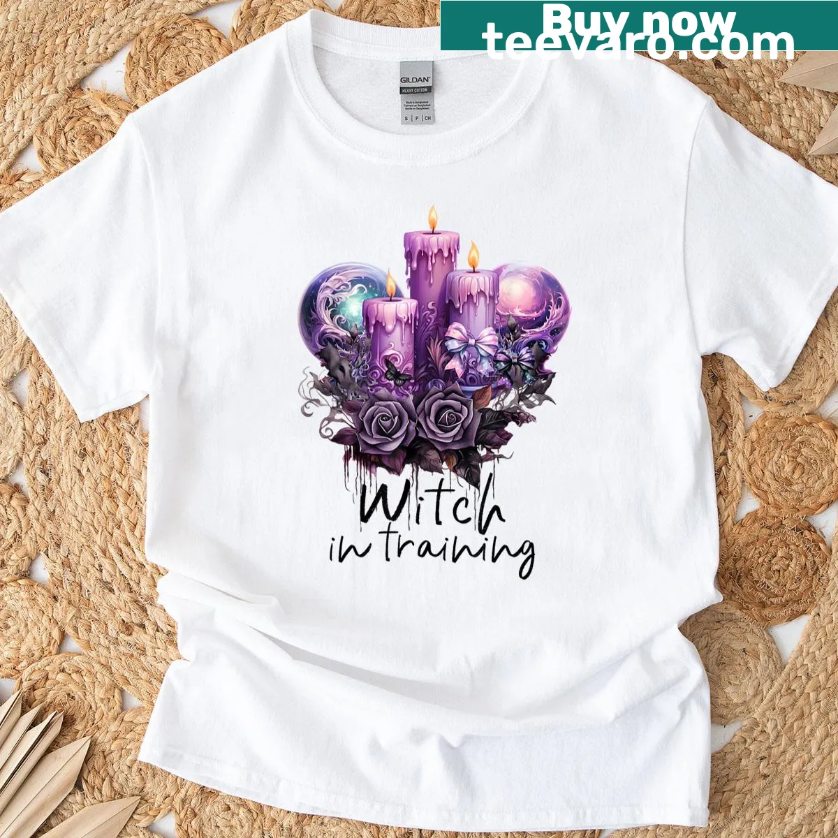 Witchcraft-themed t-shirt with candles and floral designs — on a men's t-shirt