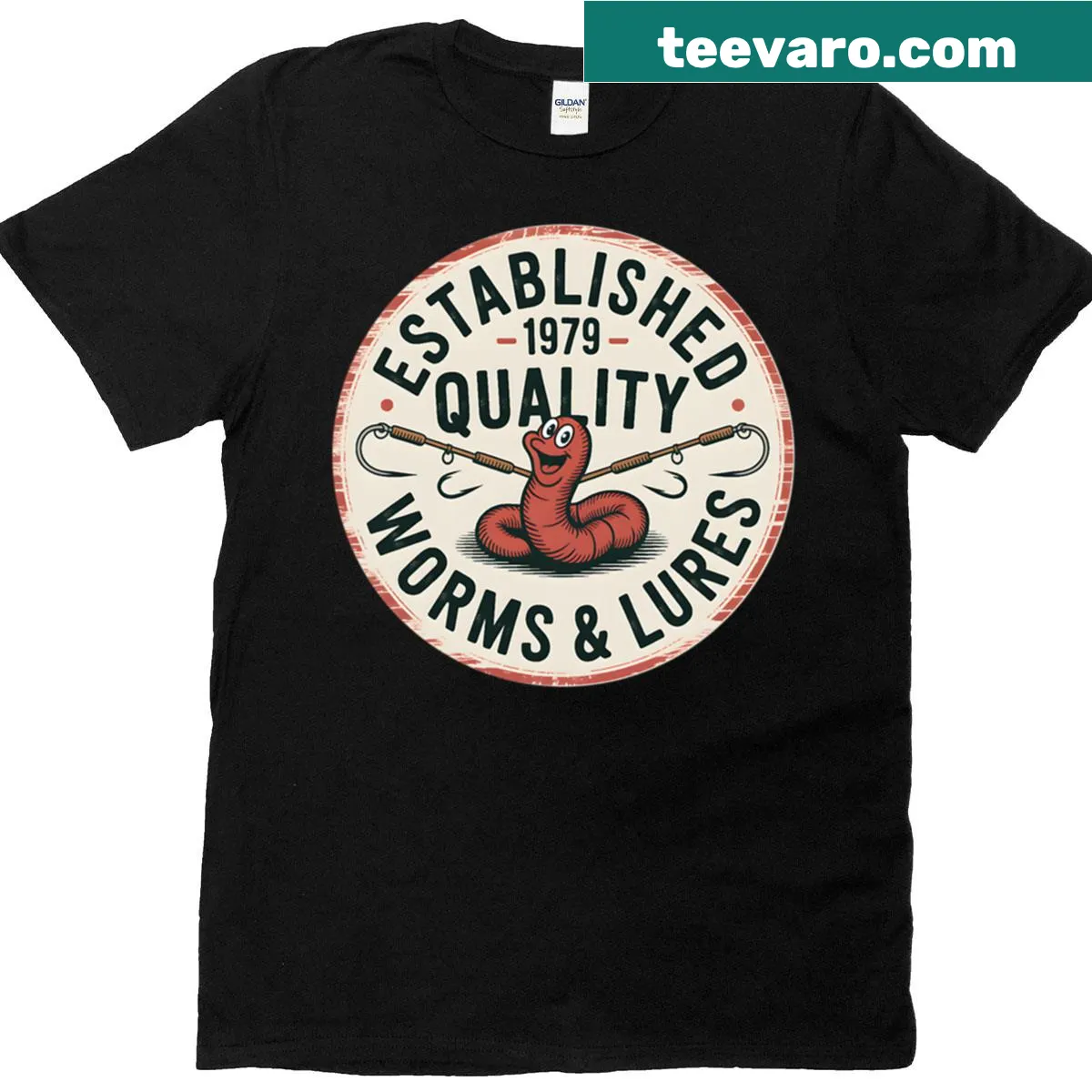 Retro fishing bait shop sticker graphic on a t-shirt — on a men's t-shirt