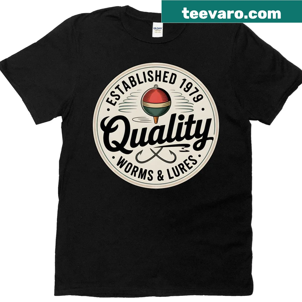 Vintage bait tackle sticker design for fishing lovers — on a men's t-shirt