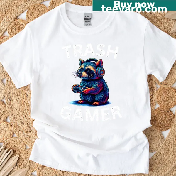 Funny T-shirt with a gaming raccoon illustration