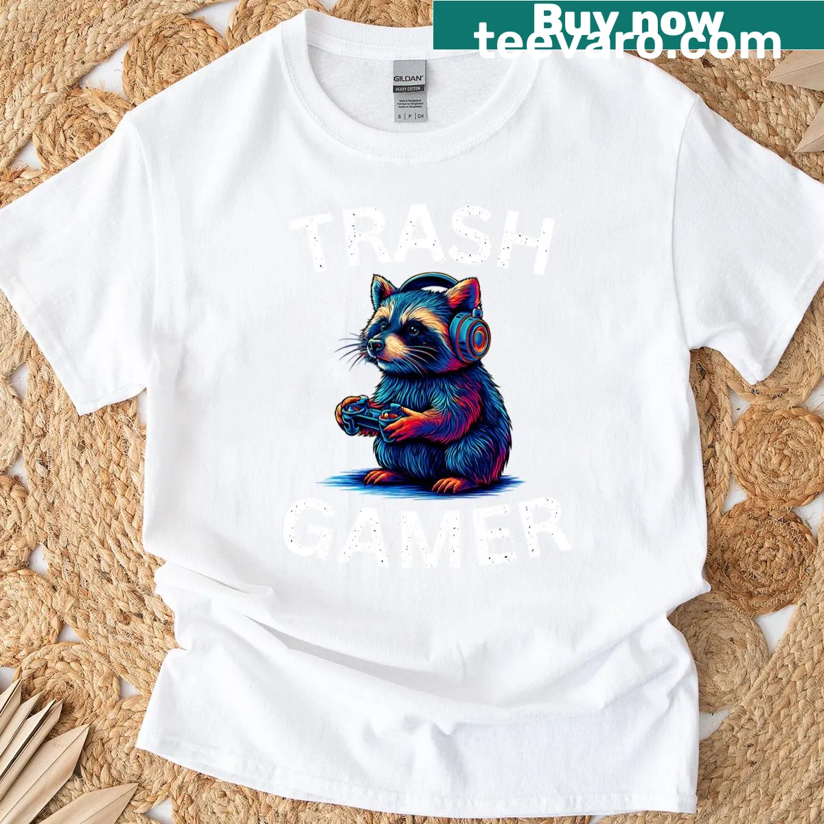 Funny T-shirt with a gaming raccoon illustration — on a men's t-shirt