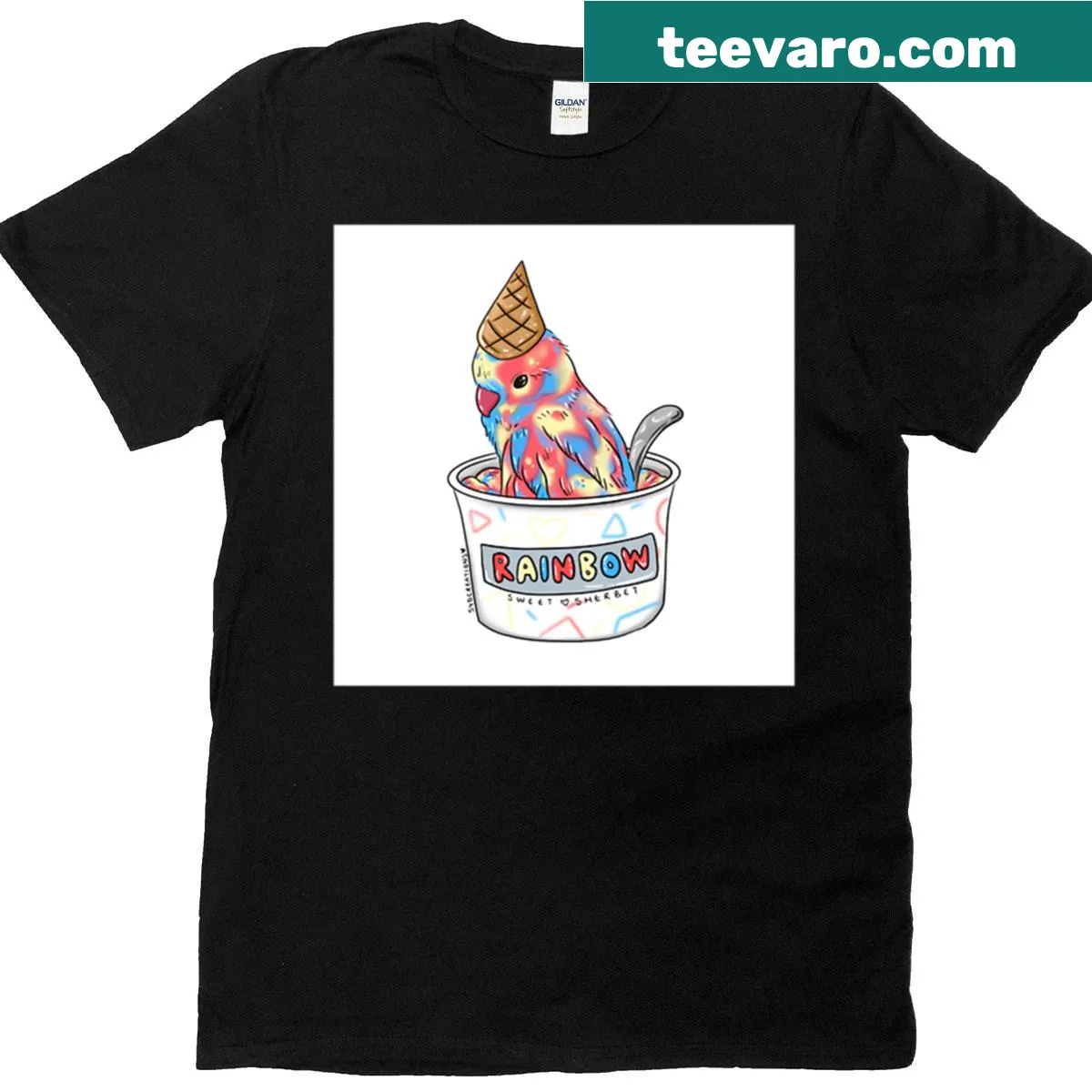 Colorful illustration of a parakeet inspired by rainbow sherbet — on a men's t-shirt