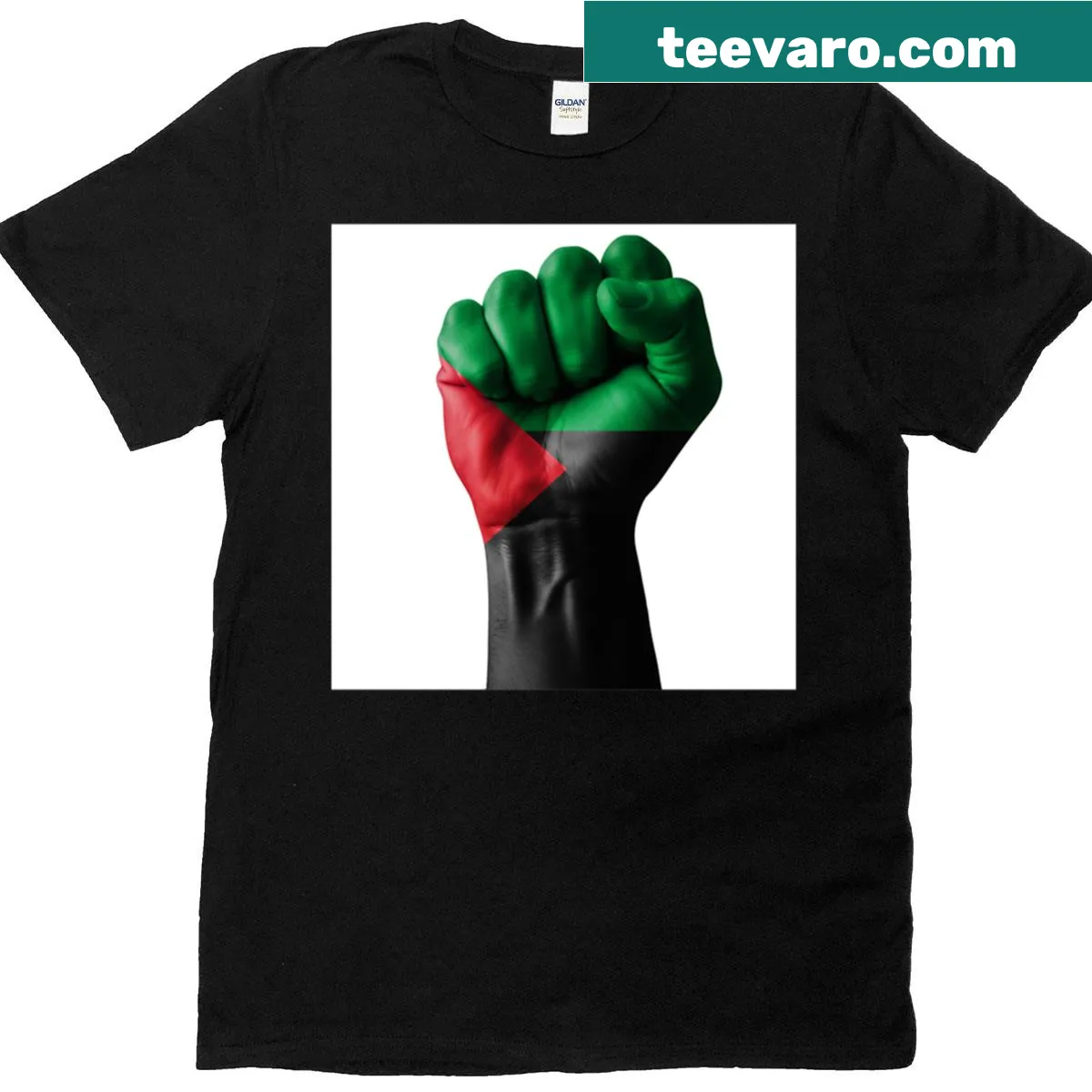 Bold illustration of a raised fist for Caribbean pride and social struggle — on a men's t-shirt