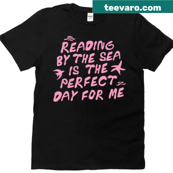 Bookish typography graphic on oversized T-shirt for reading at the sea.