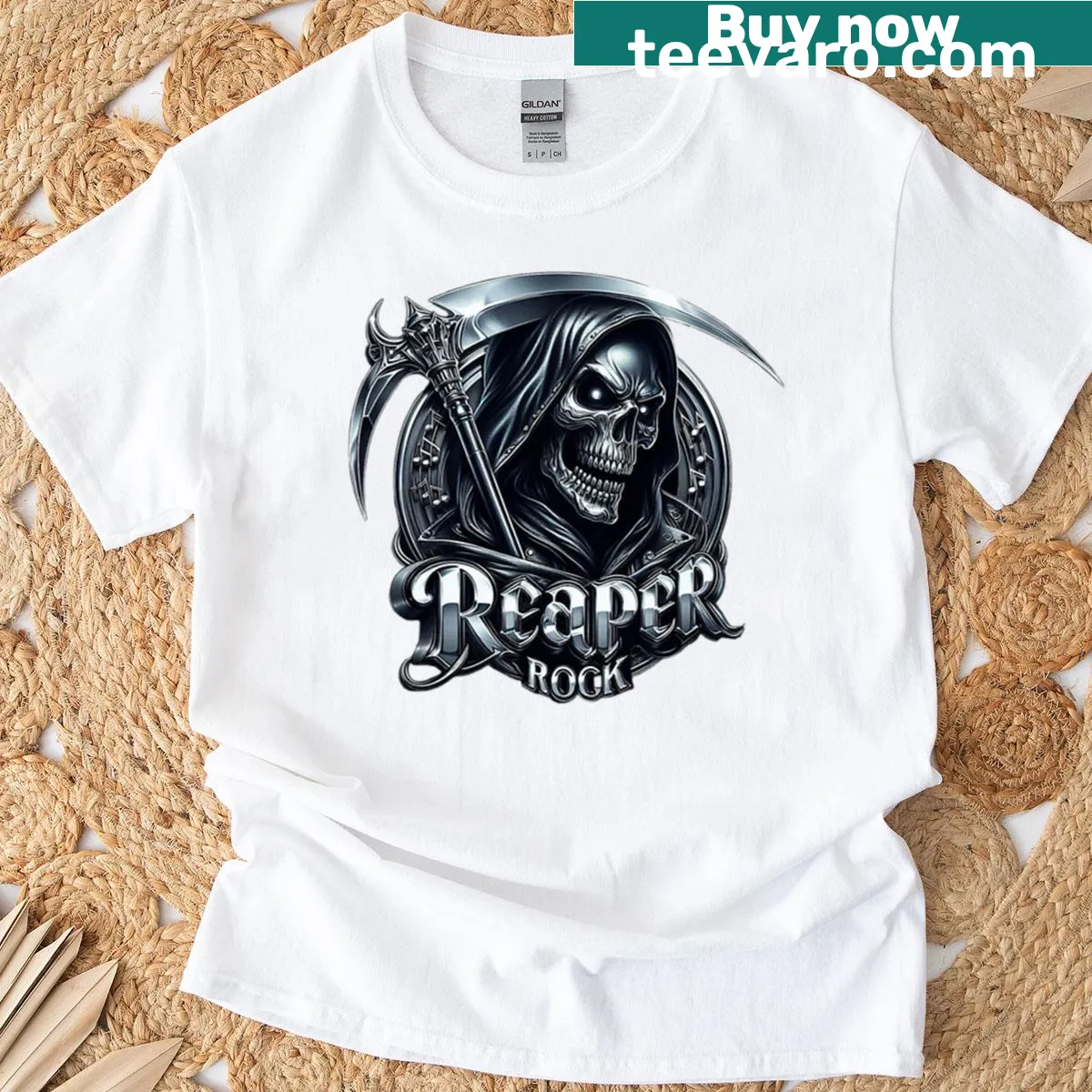 Edgy rock music t-shirt with a reaper skull design — on a men's t-shirt