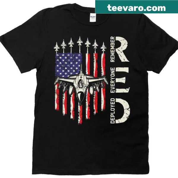 Patriotic T-shirt featuring a fighter jet and USA flag with supportive messaging.