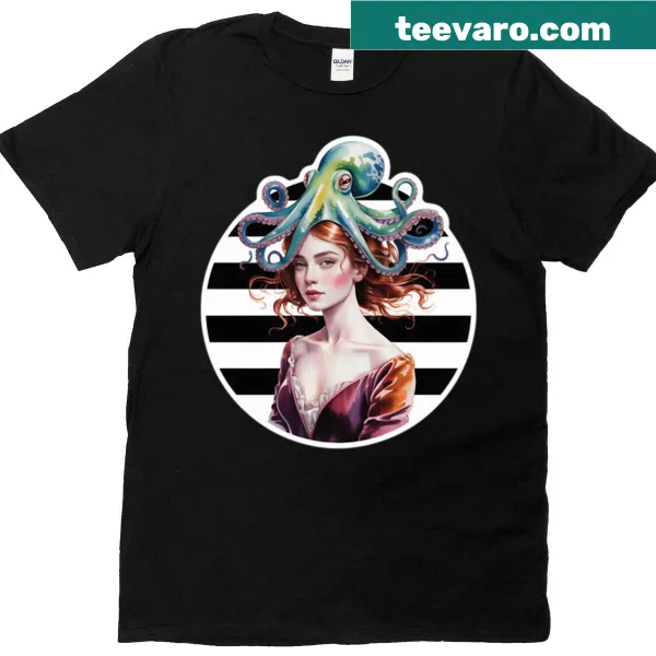 T-shirt featuring a red-haired girl with an octopus illustration