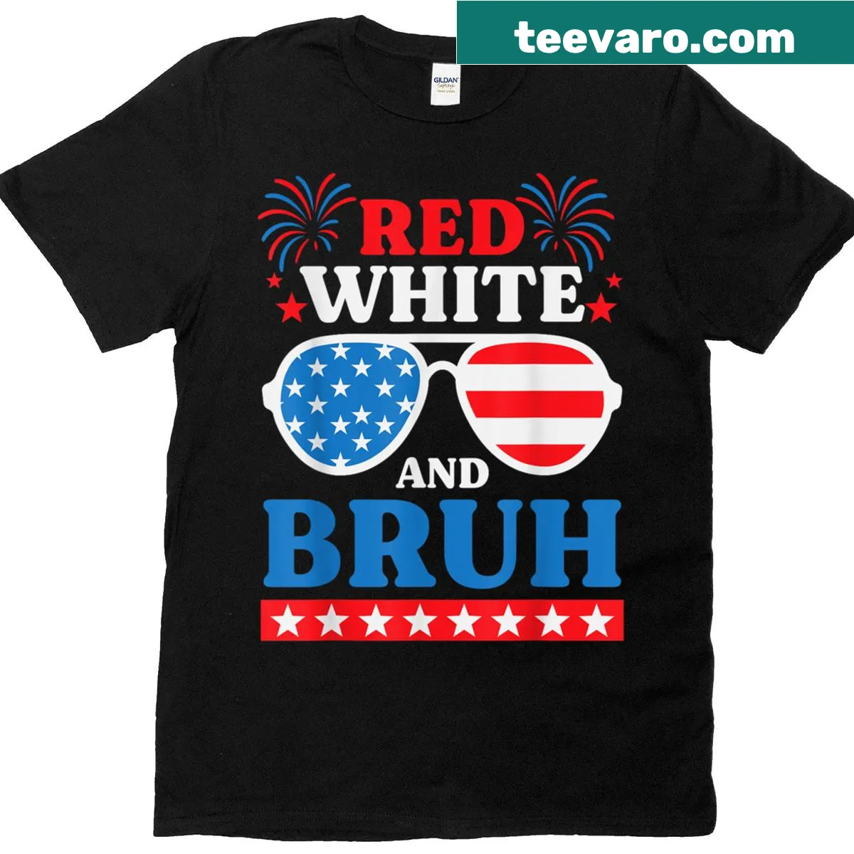 Funny t-shirt with 'Red White And Bruh' patriotic text. — on a men's t-shirt