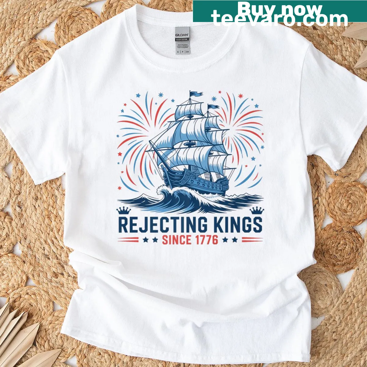Patriotic T-shirt with American flag and 'Rejecting Kings Since 1776' text — on a men's t-shirt