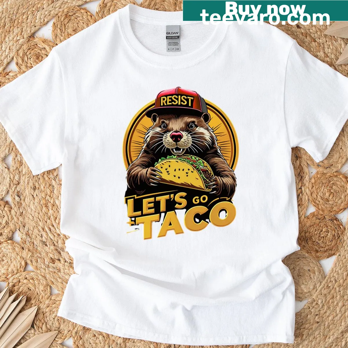 Funny protest design featuring a beaver with a taco. — on a men's t-shirt