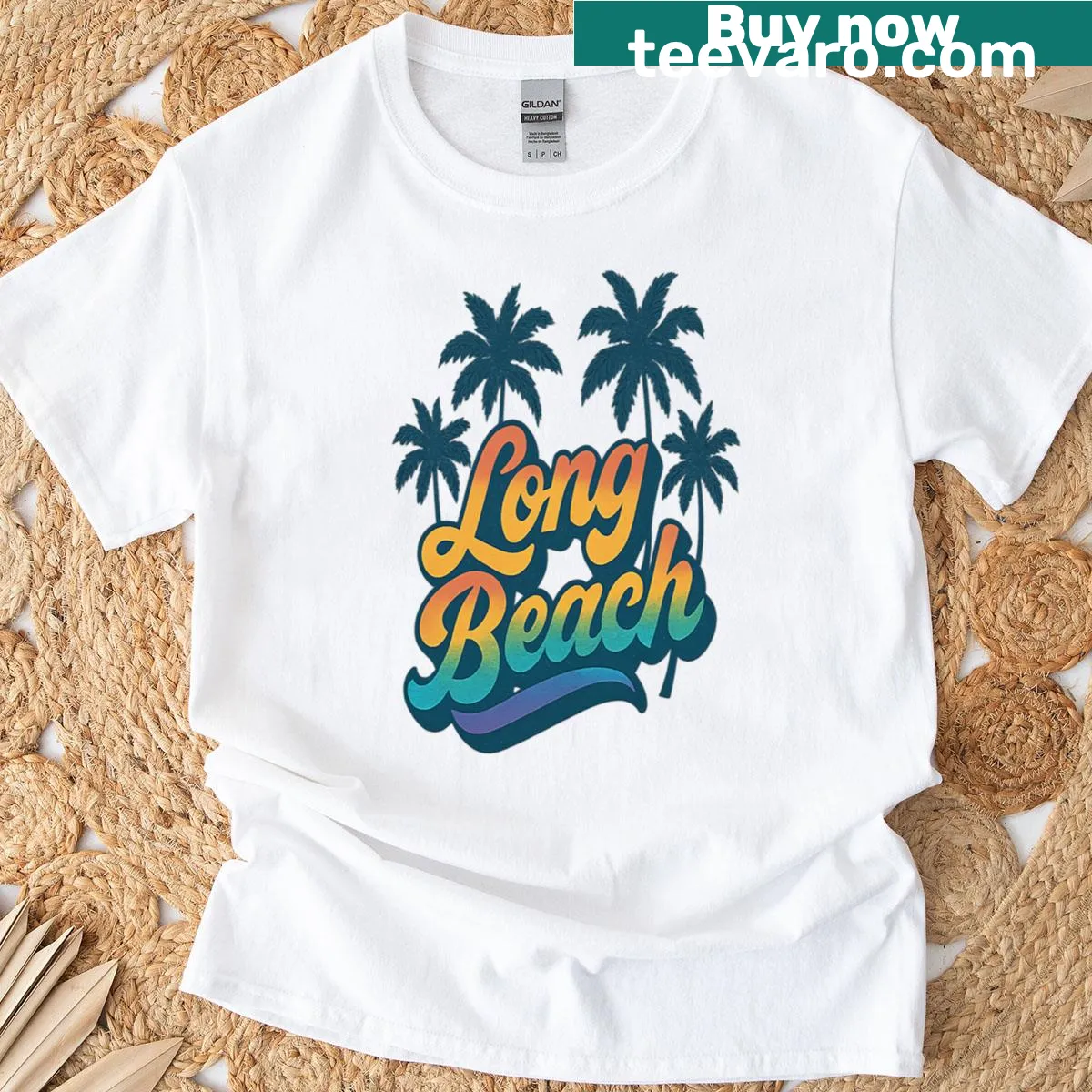 Retro beach design featuring a California bear and rainbow. — on a men's t-shirt