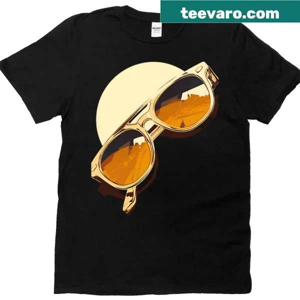 T-shirt featuring retro gold sunglasses and vacation vibes