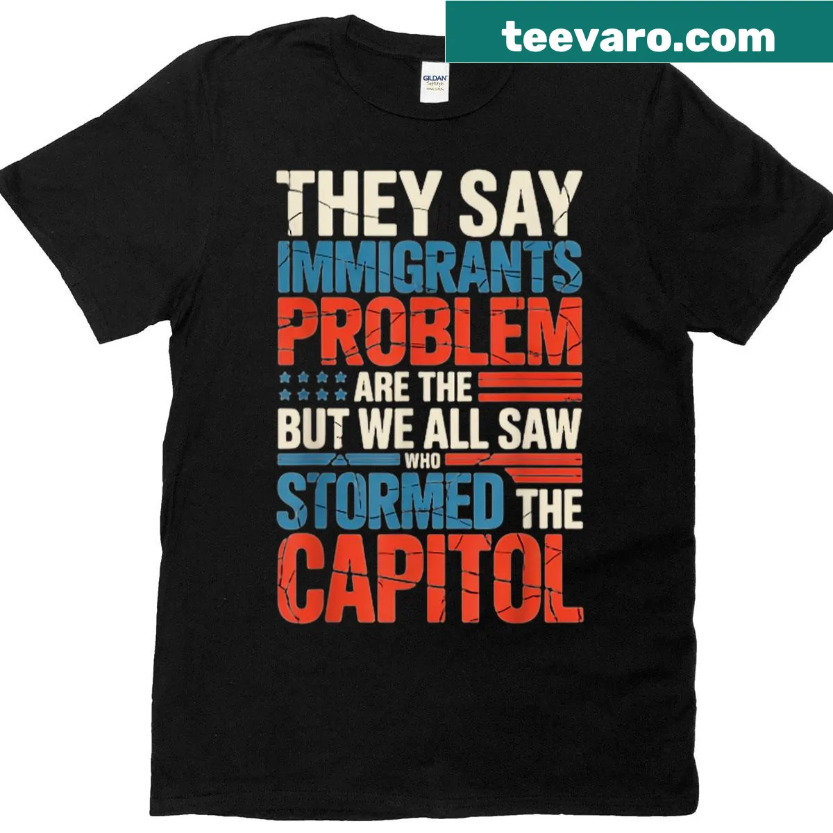 Bold typography shirt stating 'They Say Immigrants Are The Problem' — on a men's t-shirt