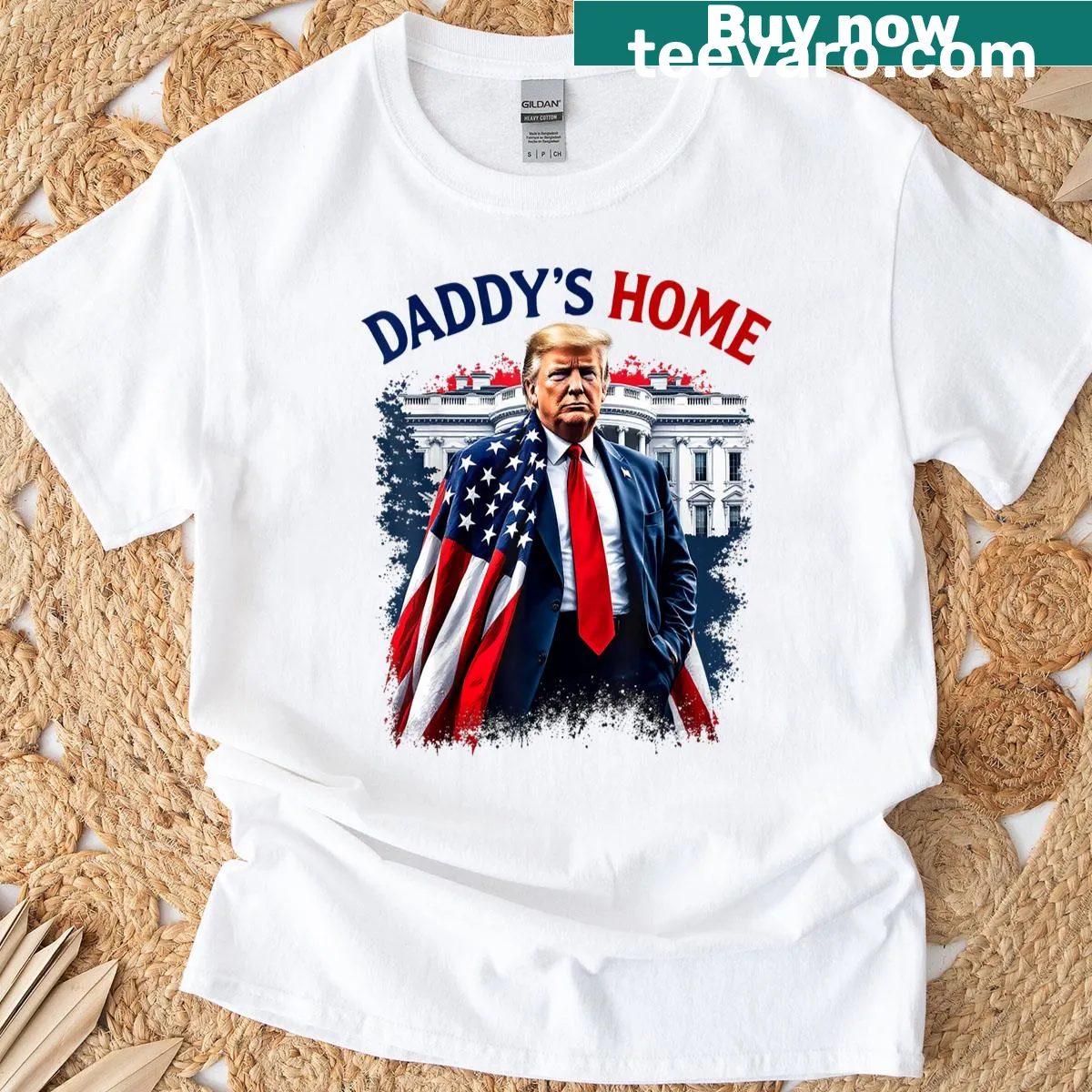 Humorous 'Trump Daddys Home' T-shirt with retro typography — on a men's t-shirt
