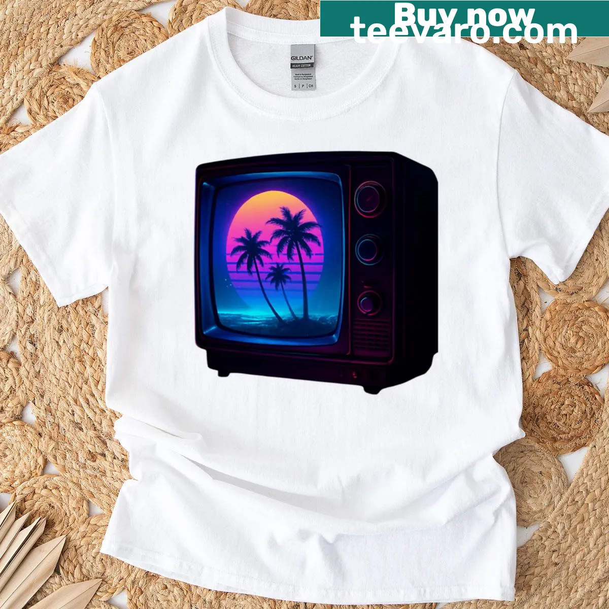 Retro TV with neon palm tree and sunset artwork. — on a men's t-shirt