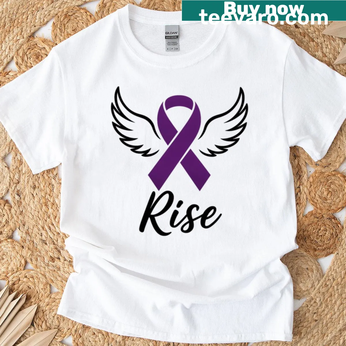 Purple ribbon awareness wings design t-shirt for healing empowerment — on a men's t-shirt