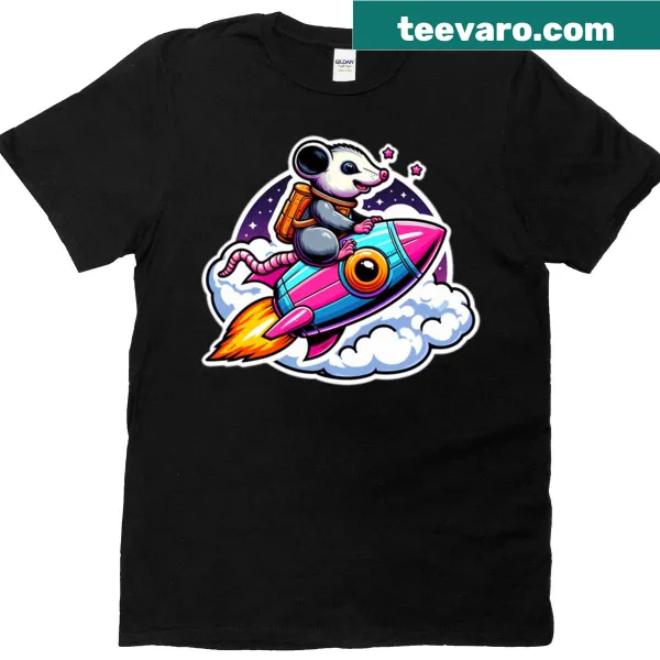 Cartoon T-shirt featuring a rocket-riding opossum design