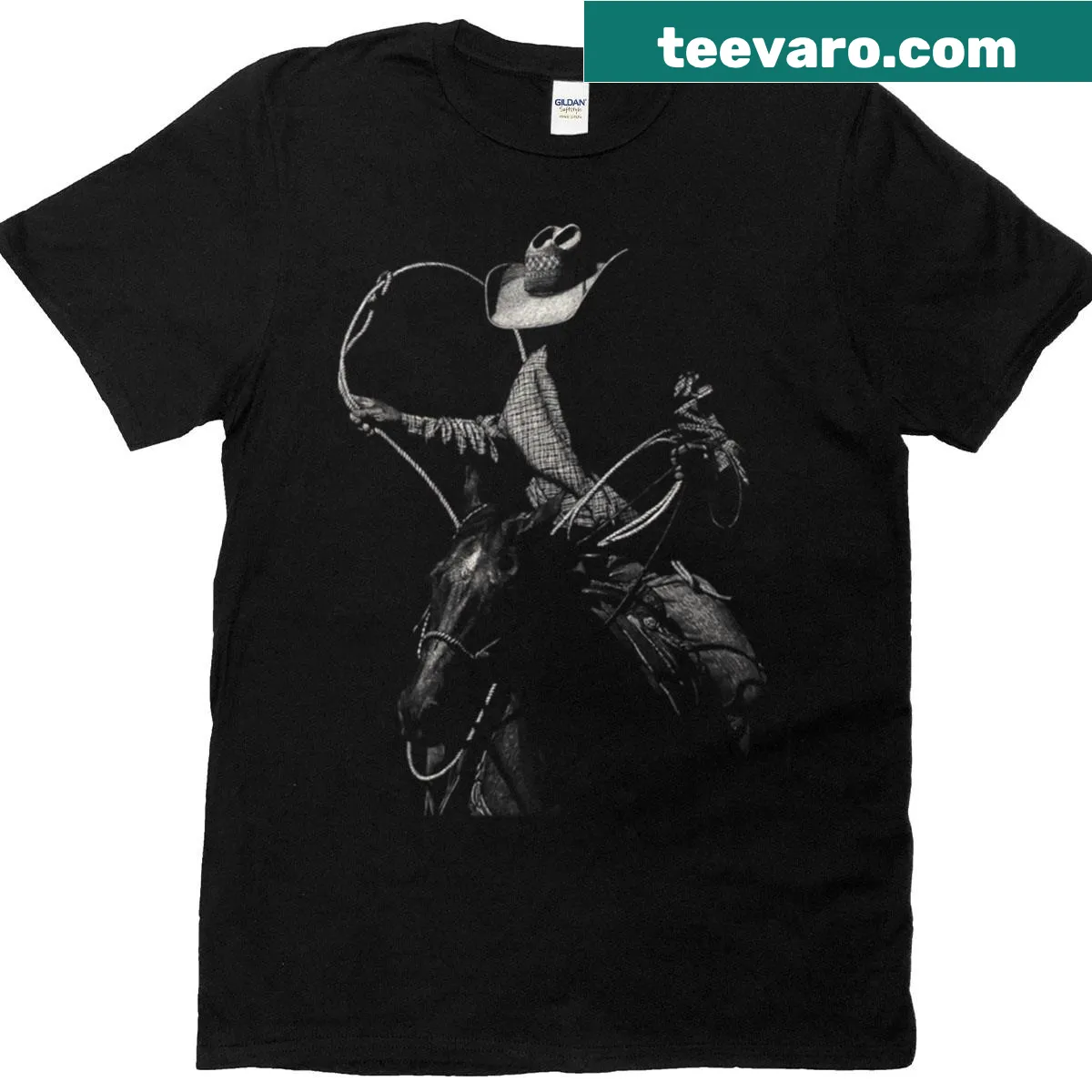 Kid's rodeo-themed T-shirt with cowboy and horse illustrations — on a men's t-shirt