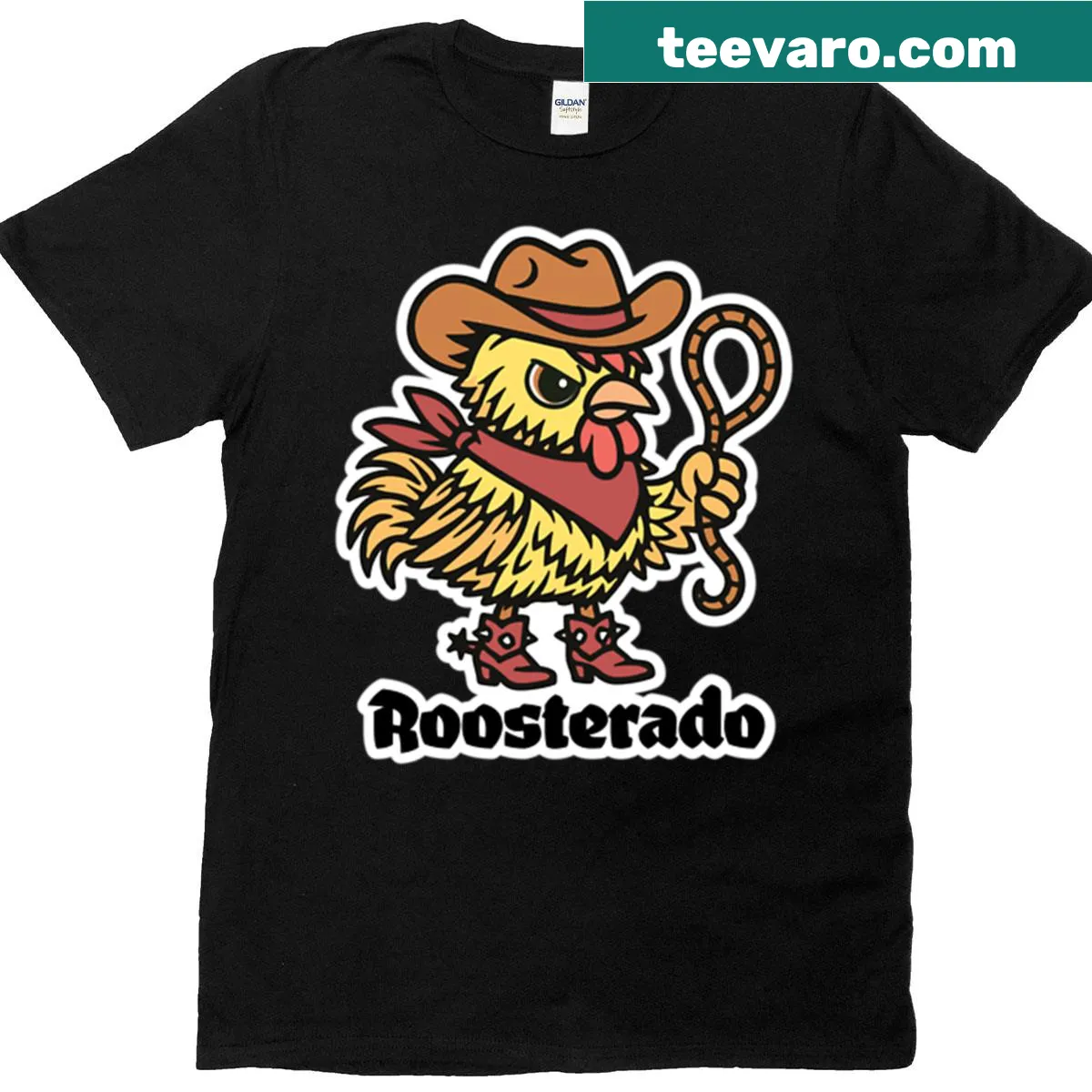 Cartoon rooster cowboy design on a T-shirt — on a men's t-shirt