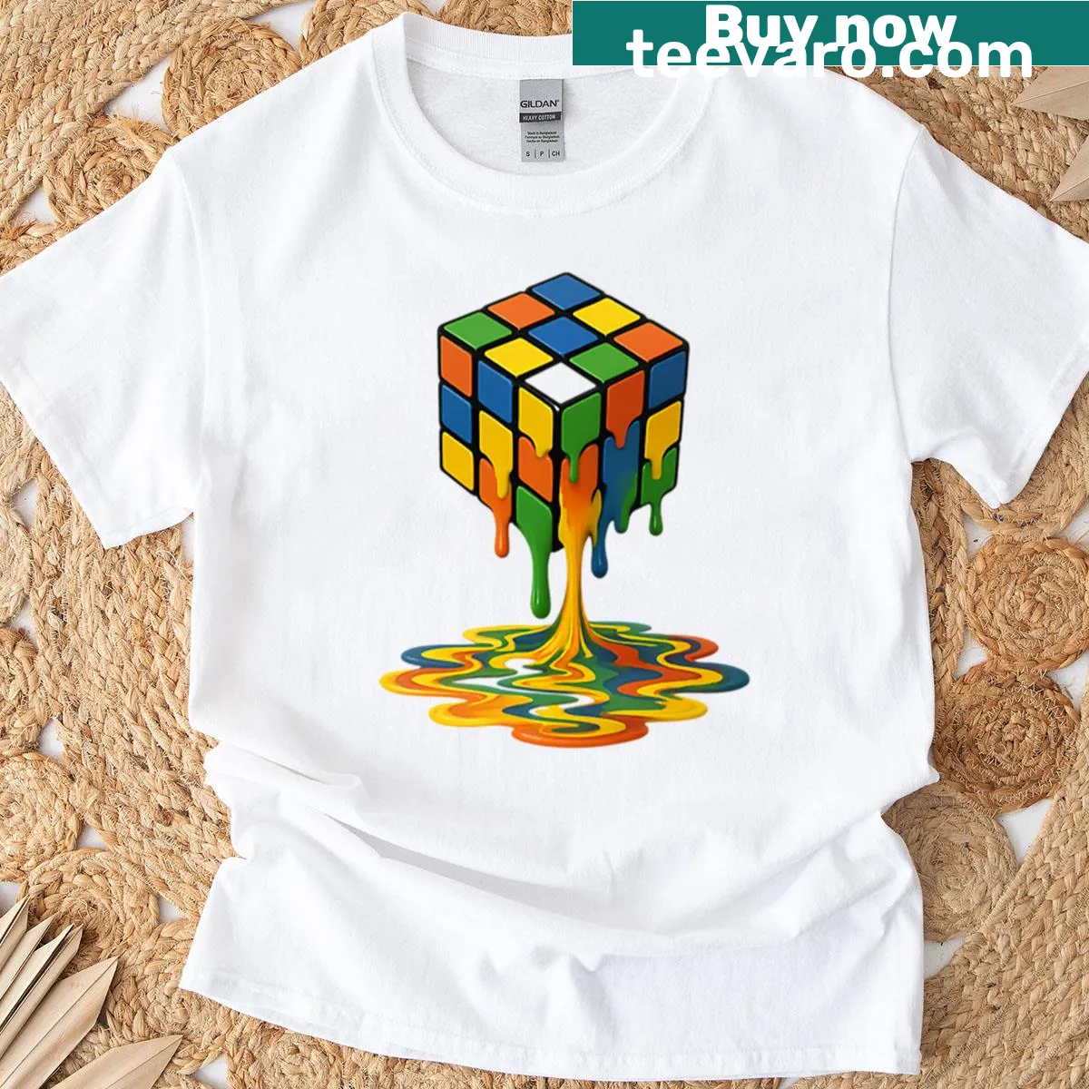 Melting Rubik's Cube graphic in a playful pop-art style — on a men's t-shirt