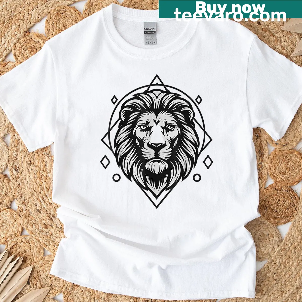 Illustration of a lion surrounded by sacred geometry patterns, celebrating nature. — on a men's t-shirt