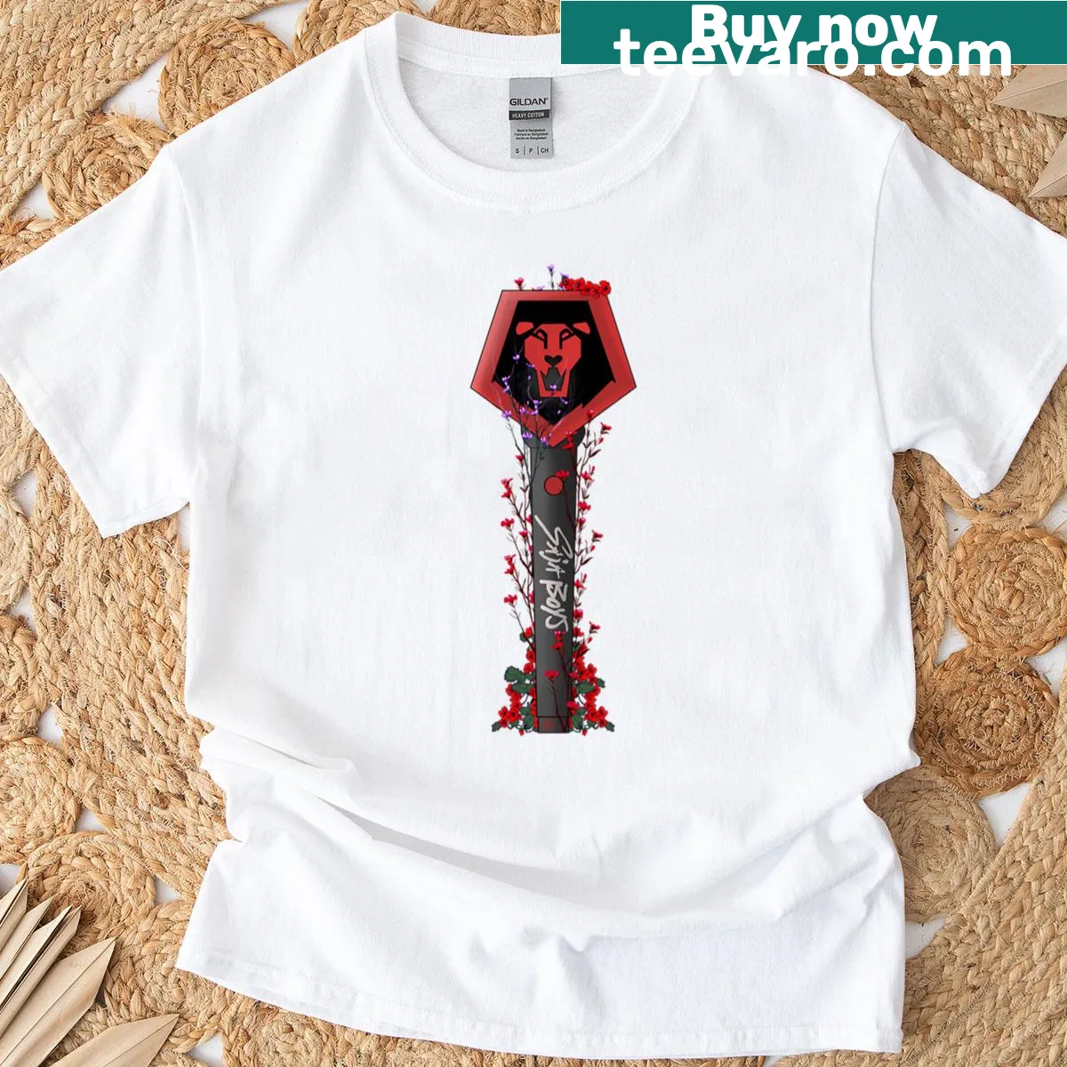 Illustration of Saja Boys floral lightstick for Kpop fans — on a men's t-shirt