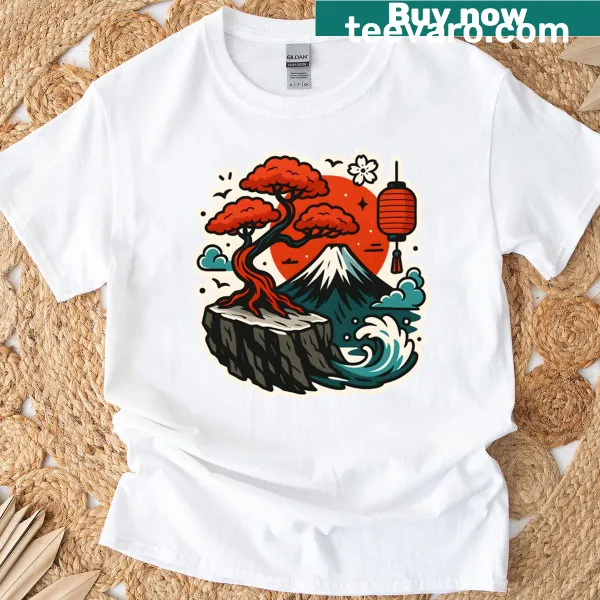 Line-art graphic of cherry blossoms and waves on a T-shirt