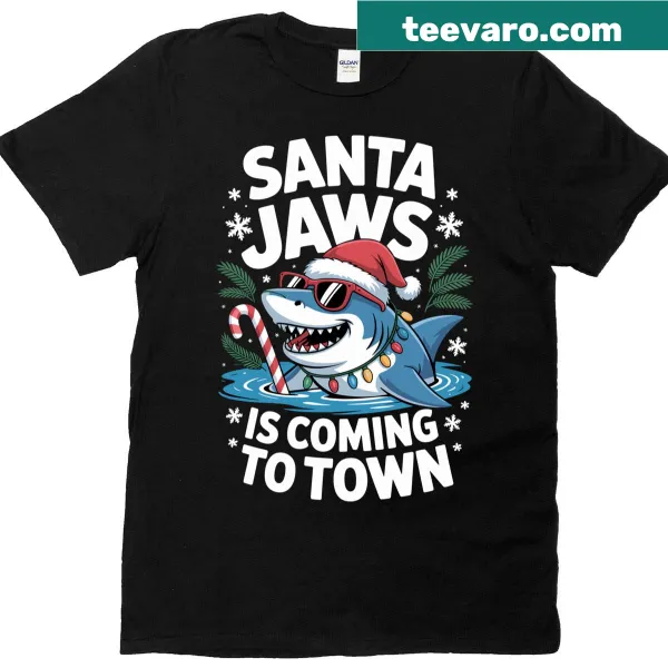 Playful Christmas T-shirt with Santa Jaws shark illustration