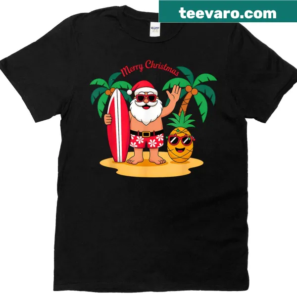 T-shirt featuring Santa surfing at a beach for Christmas