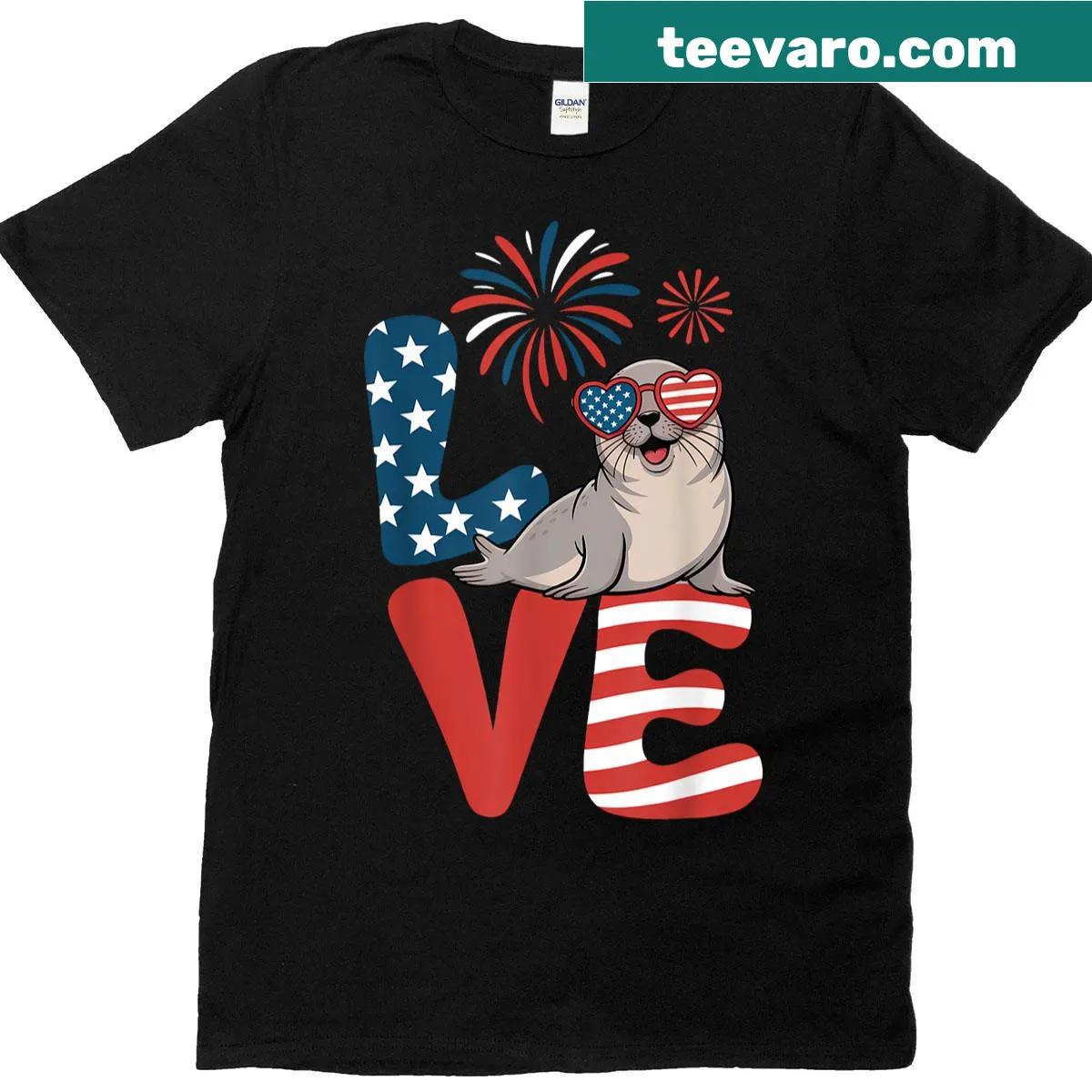 Patriotic T-shirt with a seal wearing sunglasses and American flag — on a men's t-shirt