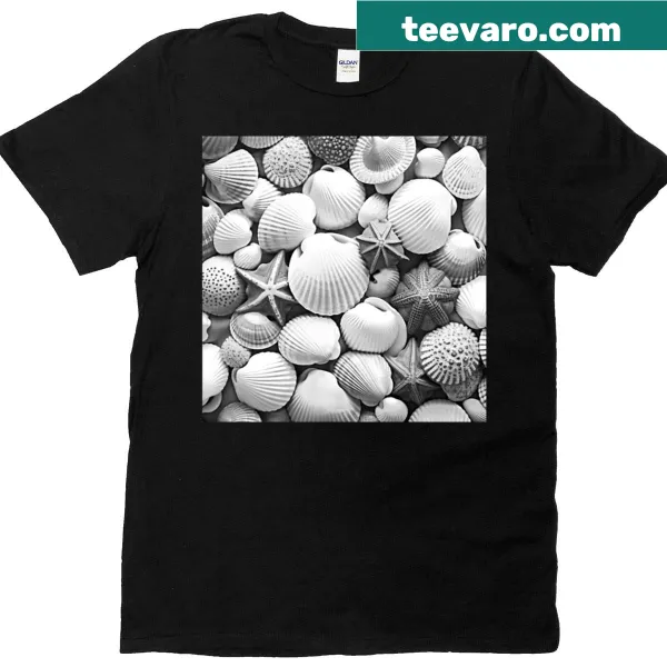 Black and white seashell photographic print on T-shirt