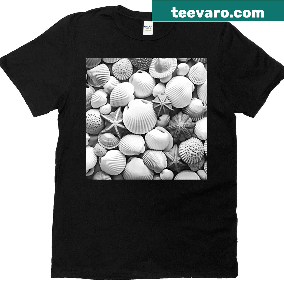 Black and white seashell photographic print on T-shirt — on a men's t-shirt