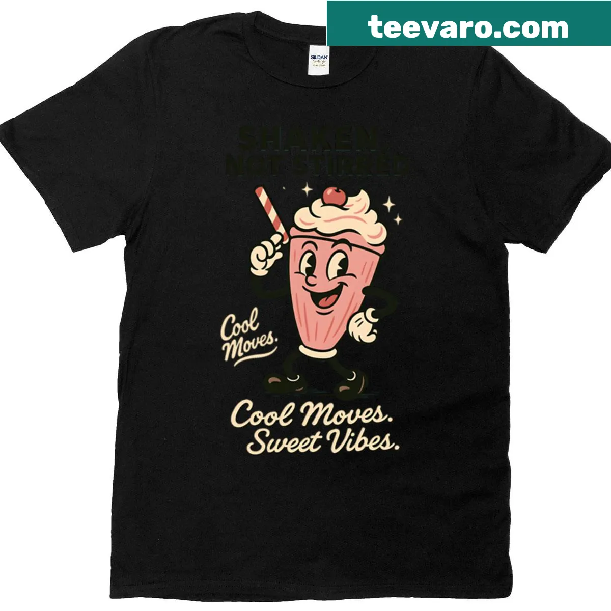 Cartoon milkshake with the phrase 'Shaken Not Stirred' — on a men's t-shirt