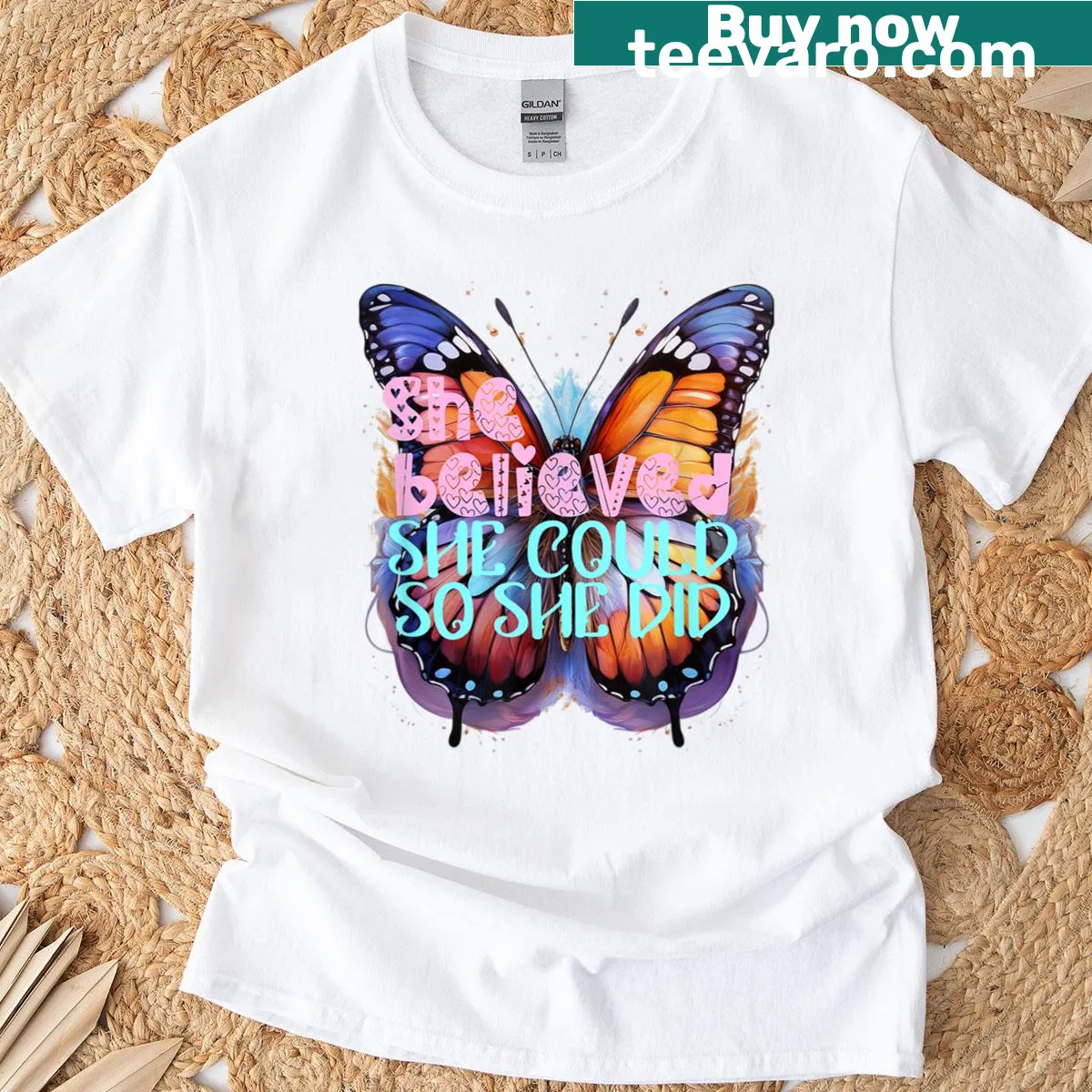 Inspirational t-shirt with butterfly graphics and motivational text — on a men's t-shirt