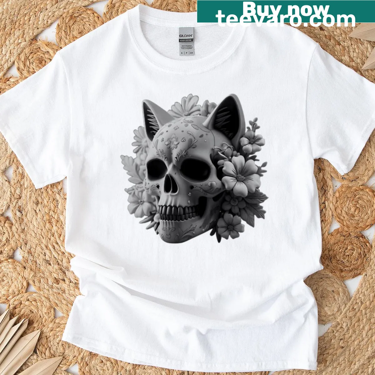Black and white Skull Cat design t-shirt featuring a cat skull illustration — on a men's t-shirt