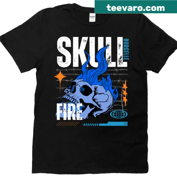 Streetwear T-shirt featuring a skull surrounded by blue flames