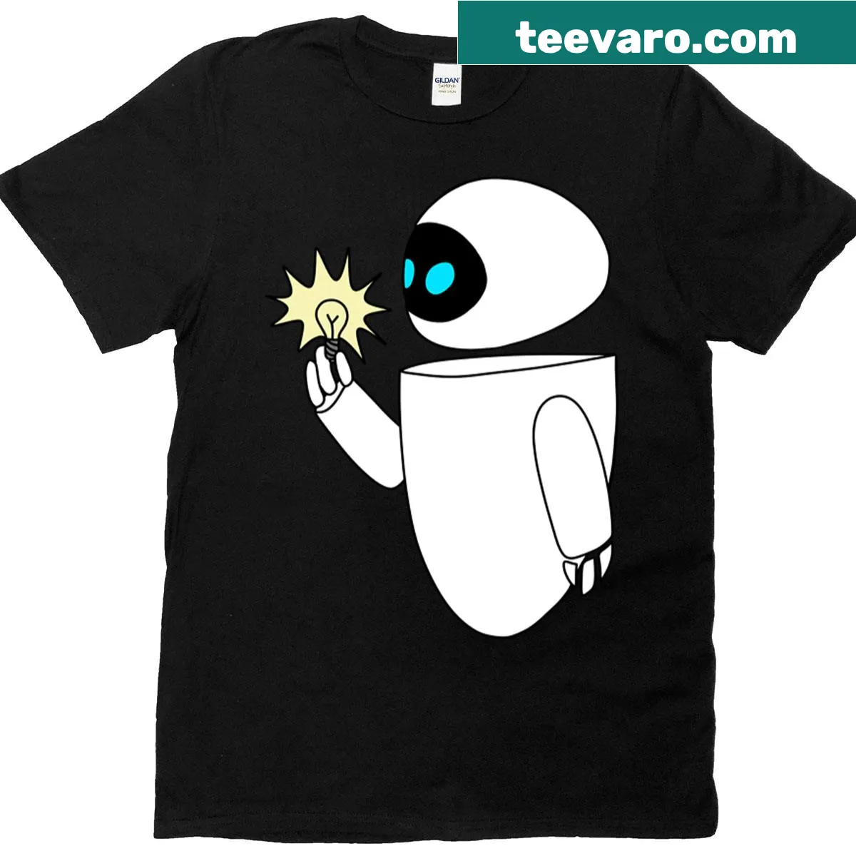 Sleek robot with lightbulb T-shirt — on a men's t-shirt