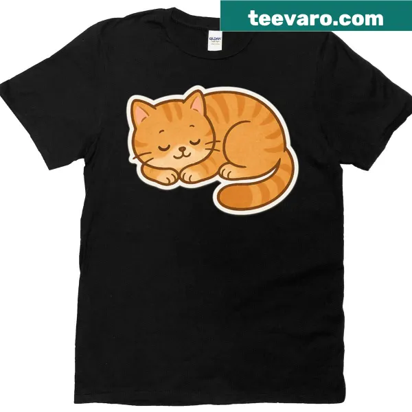 Illustration of a sleeping kitten graphic on a t-shirt