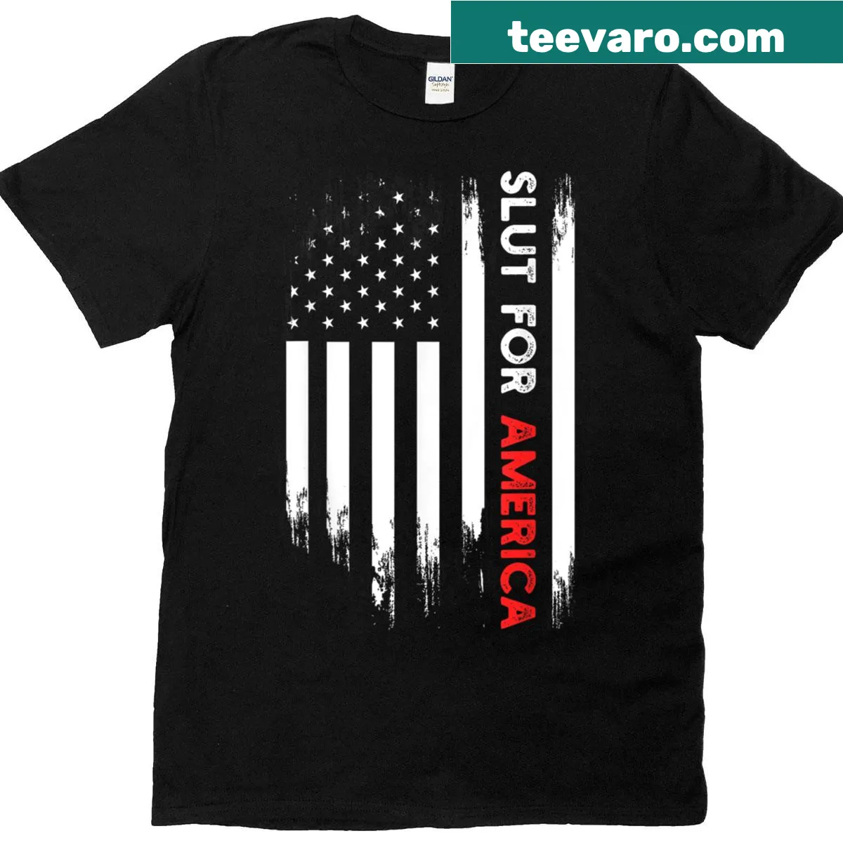 Humorous patriotic T-shirt with 'Slut For America' text — on a men's t-shirt