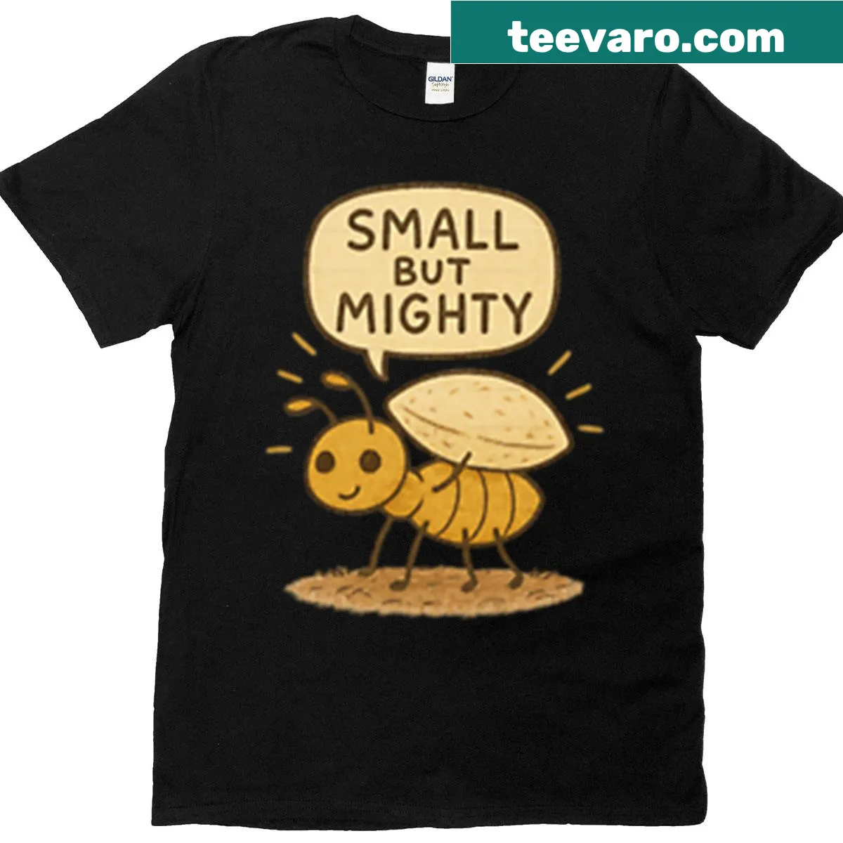 Hand-drawn cartoon T-shirt featuring a small ant illustration — on a men's t-shirt