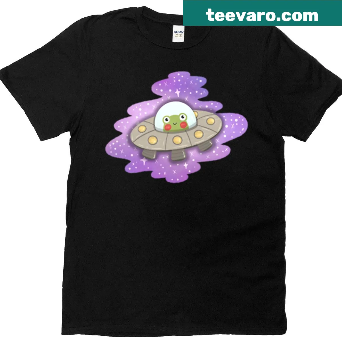 Playful Space Frog T-shirt featuring whimsical outer space design — on a men's t-shirt